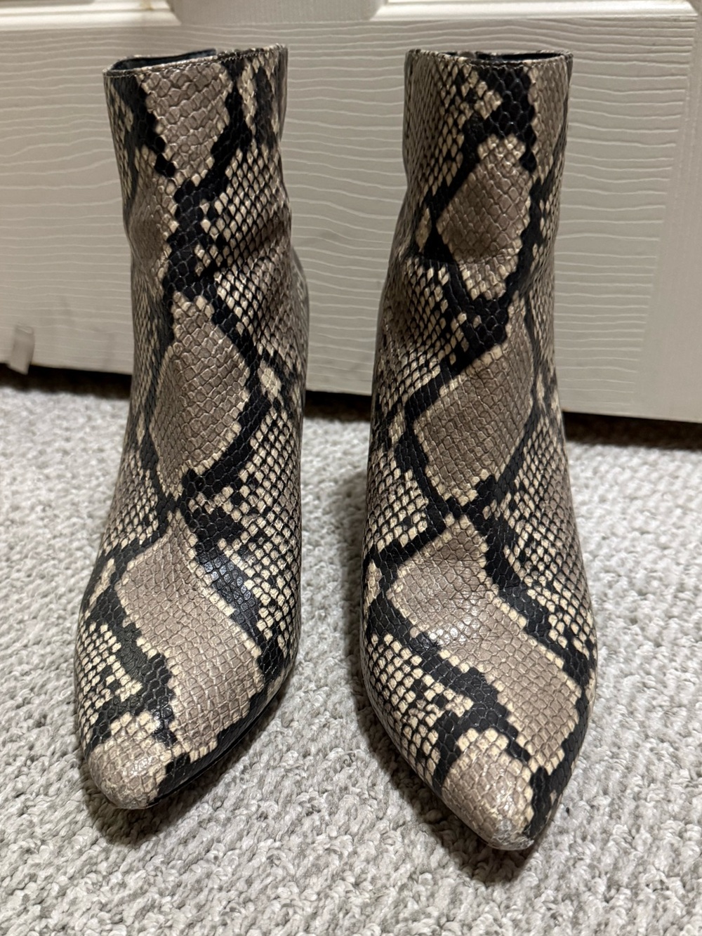 Chelsea & Violet Snake-Print Pointed Ankle Booties in Beige and Black